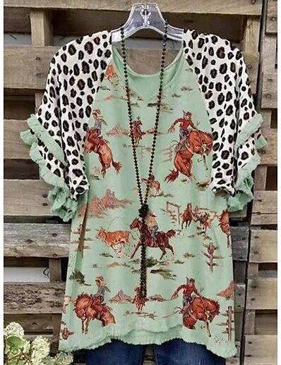 cheap Women&#039;s Tops-Women&#039;s Plus Size Tops T shirt Tee Print Leopard Print Short Sleeve Round Neck Polyester Casual Creamy-white Light Green