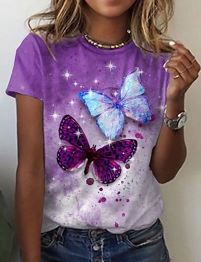 cheap Women-Women&#039;s T shirt Abstract Butterfly Painting Color Gradient Butterfly Sparkly Round Neck Print Basic Vintage Tops Green Blue Purple / 3D Print