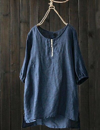 cheap Plus size-Women&#039;s Plus Size Tops Blouse Shirt Solid Color Half Sleeve Round Neck Cotton And Linen Causal Blushing Pink Navy Blue