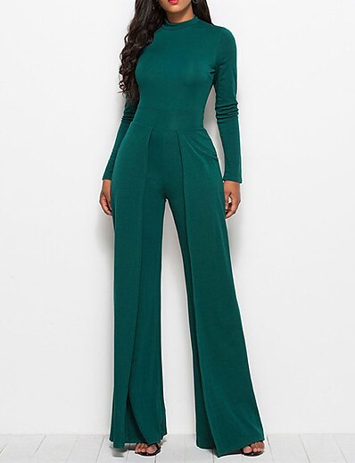 cheap Jumpsuits &amp; Rompers-Women&#039;s Jumpsuit Solid Colored Casual Turtleneck Wide Leg Street Daily Wear Long Sleeve Regular Fit Green White Black M L XL Fall