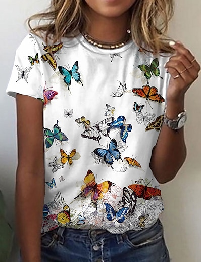 billige Overdele til damer-Dame T-shirt Sommerfugl Maleri Sommerfugl Dyr Rund hals Trykt mønster Basale Toppe Hvid / 3D-udskrivning