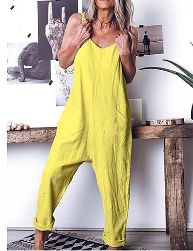 cheap Plus Size Jumpsuits-Women&#039;s Plus Size Pocket Jumpsuit Sleeveless Plain Summer Basic Yellow Gray Green L XL 2XL 3XL 4XL / V Neck