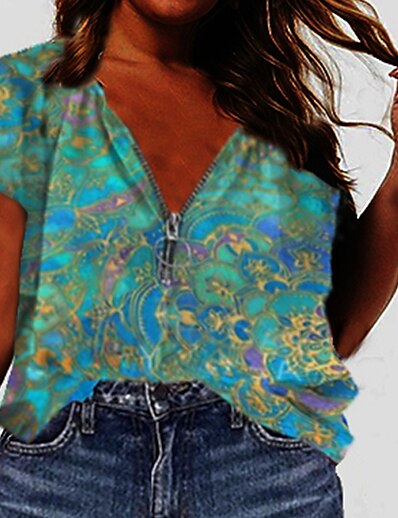 cheap Plus size-Women&#039;s Plus Size Tops T shirt Shirt Floral Graphic Zipper Print V Neck Short Sleeve Summer Streetwear Purple Yellow Blushing Pink Big Size L XL XXL 3XL 4XL / Holiday