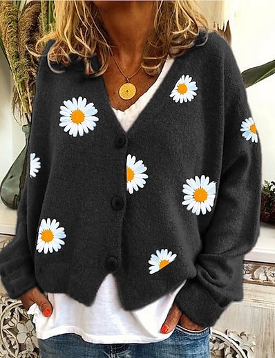 cheap Women&#039;s Tops-Women&#039;s Cardigan Sweater Floral Button Stylish Long Sleeve Sweater Cardigans Fall Winter V Neck Blue Yellow Gray
