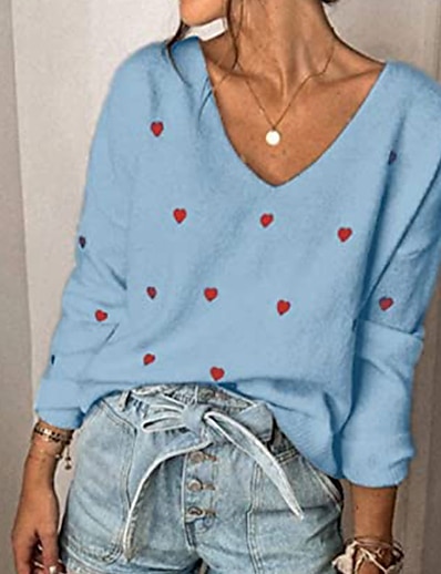 billige SWEATERE &amp; CARDIGANS-Dame Bluse bluse Kærlighed Afslappet Langærmet Sweater Cardigans V-hals Blå Hvid Sort