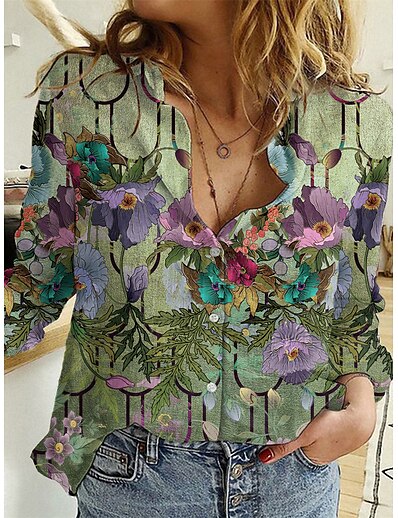cheap Women&#039;s Tops-Women&#039;s Blouse Shirt Floral Theme Geometric Long Sleeve Floral Geometric Shirt Collar Button Print Casual Streetwear Tops Green