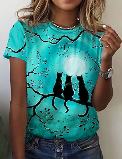 cheap Women&#039;s Tops-Women&#039;s T shirt Cat Painting Cat Animal Round Neck Print Basic Tops Green / 3D Print