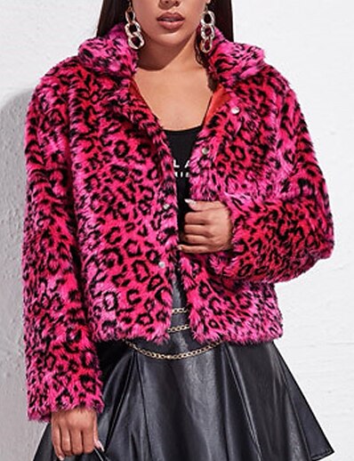 cheap Women&#039;s Outerwear-Women&#039;s Faux Fur Coat Winter Daily Short Coat Turndown Single Breasted Thermal Warm Regular Fit Casual Jacket Long Sleeve Fur Trim Leopard Fuchsia
