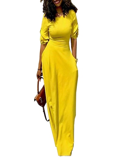 cheap Dresses-Women&#039;s Maxi long Dress Shift Dress Black Red Yellow Short Sleeve Patchwork Pure Color Round Neck Spring Summer Stylish Elegant Flare Cuff Sleeve 2022 S M L XL XXL