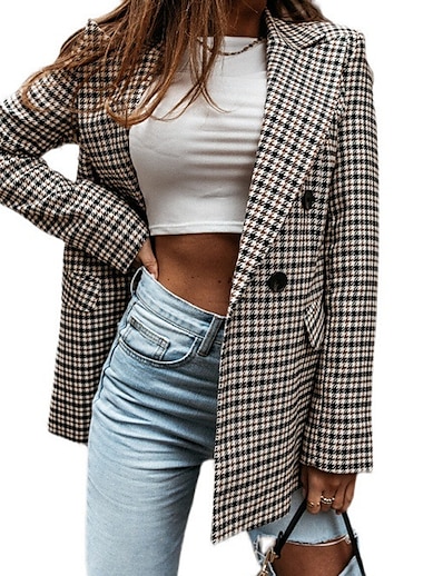 cheap Women&#039;s Outerwear-Women&#039;s Blazer Spring &amp;  Fall Daily Work Regular Coat Fashion Regular Fit Casual Jacket Long Sleeve Quilted Plaid / Check Gray