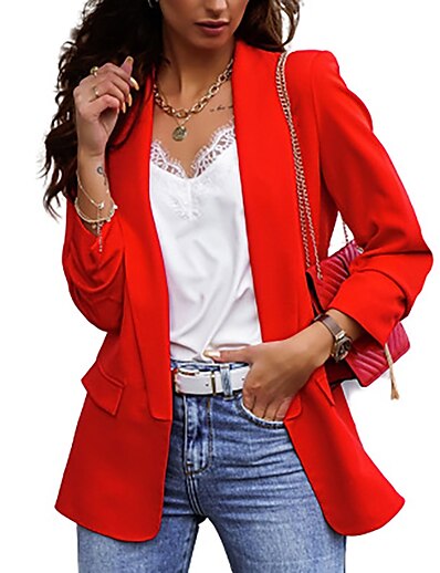 cheap Women&#039;s Outerwear-Women&#039;s Blazer Fall Spring Daily Valentine&#039;s Day Work Regular Coat V Neck Breathable Regular Fit Business Casual Jacket Long Sleeve Patchwork Solid Color Khaki Red