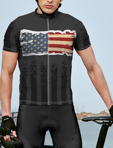cheap Cycling-21Grams® Men&#039;s Cycling Jersey Short Sleeve USA National Flag Bike Mountain Bike MTB Road Bike Cycling Jersey Top Black Breathable Quick Dry Moisture Wicking Spandex Polyester Sports Clothing Apparel