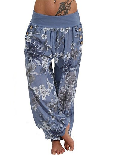 cheap Women&#039;s Plus Size Bottoms-Women&#039;s Plus Size Pants Print Floral Graphic Daily Vacation Sporty Casual Full Length Natural Fall Spring Summer White Black Blue XL XXL 3XL 4XL 5XL