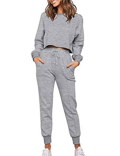 cheap Two Piece Set-Women&#039;s 2 Piece Set Crew Neck Pure Color Drawstring Solid Color Sport Athleisure Long Sleeve Clothing Suit Everyday Use Warm Soft Comfortable Casual Athleisure Daily Activewear / Winter / 2 Pieces