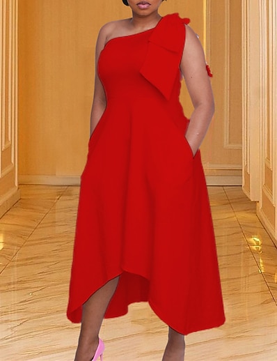 hesapli Büyük Beden Koleksiyonu-Kadın&#039;s Büyük Bedenler Tek Renk Salıncak Elbise Tek Omuz Kolsuz Zarif Balo kıyafetleri Bahar Yaz Parti Düğün Midi Elbise Elbise