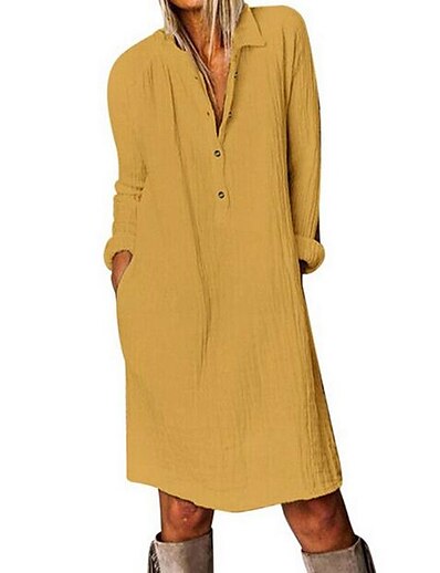 cheap Dresses-Women&#039;s Knee Length Dress Shirt Dress Long Sleeve Button Solid Color Shirt Collar Spring Chic &amp; Modern Casual 2021 Loose S M L XL 2XL 3XL 4XL 5XL