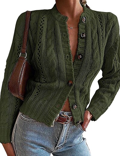 cheap Sweaters &amp; Cardigans-Women&#039;s Cardigan Solid Color Hollow Out Knitted Button Elegant Casual Chunky Long Sleeve Regular Fit Sweater Cardigans Fall Winter Round Neck Open Front Black Army Green / Holiday