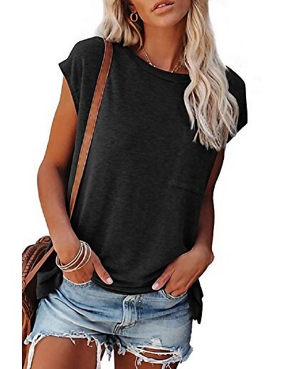 cheap Women&#039;s Tops-womens short sleeve crewneck t shirts loose casual summer tops tees with pocket black