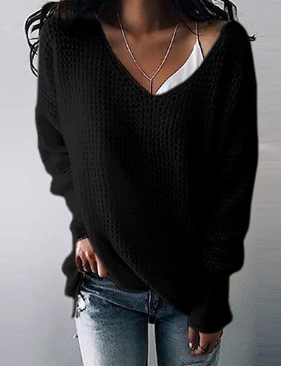 cheap Sweaters &amp; Cardigans-Women&#039;s Pullover Sweater Solid Color Knitted Casual Chunky Long Sleeve Sweater Cardigans Fall Spring V Neck Blue Wine Khaki