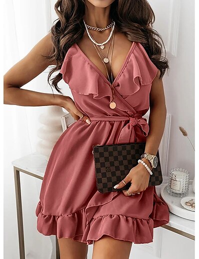 cheap Dresses-Women&#039;s Short Mini Dress A Line Dress Black Purple Pink khaki Sky Blue Red Sleeveless Ruffle Pure Color V Neck Spring Summer Stylish Hot Sexy 2022 S M L XL 2XL