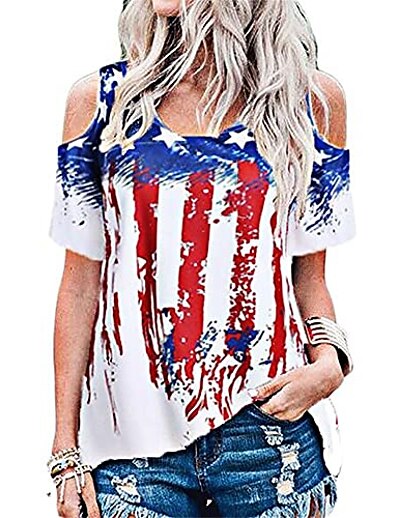 cheap Women&#039;s Tops-womens t-shirt for summer tops tie-dye flag 4th of july fourth cold shoulder short sleeve plus size tee blouse(a red,xl)