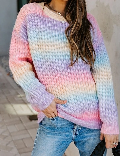 cheap Sweaters &amp; Cardigans-Women&#039;s Sweater Pullover Jumper Rainbow Color Block Knitted Stylish Casual Long Sleeve Sweater Cardigans Fall Winter Crew Neck Purple Gray Rainbow / Holiday / Regular Fit / Going out