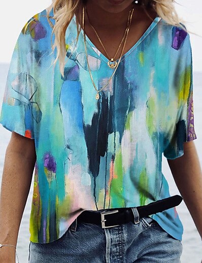 cheap Women&#039;s Tops-Women&#039;s T shirt Floral Theme Abstract Painting Floral Tie Dye V Neck Print Basic Tops Green Blue Light Green / 3D Print