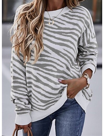 cheap Women&#039;s Tops-Women&#039;s Striped Animal Pullover Sweatshirt Print 3D Print Daily Going out Casual Streetwear Hoodies Sweatshirts  Blue Purple Gray