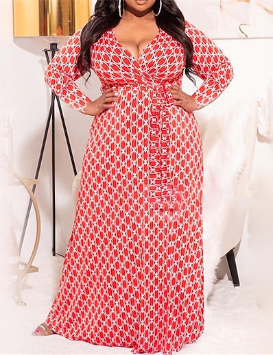 cheap Plus size-Women&#039;s Plus Size Multi Color Swing Dress Deep V Long Sleeve Casual Sexy Prom Dresses Spring Summer Holiday Vacation Maxi long Dress Dress