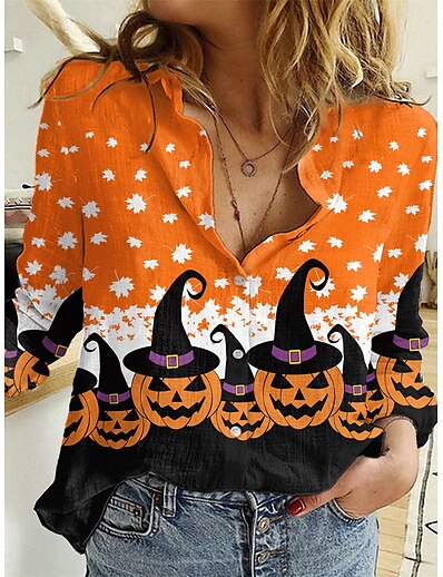 cheap Women&#039;s Tops-Women&#039;s Halloween Blouse Shirt Floral Theme Long Sleeve Leaf Pumpkin Shirt Collar Button Print Casual Streetwear Halloween Tops Regular Fit Orange / 3D Print