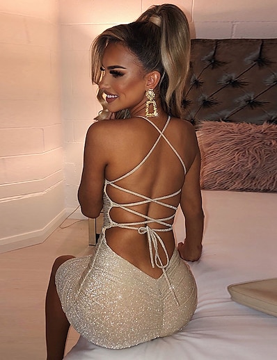 cheap 2022 Trends-Women&#039;s Short Mini Dress Sheath Dress Champagne Gold Blue Sleeveless Backless Ruched Pure Color cold shoulder Spring Summer Party Personalized Stylish Hot 2022 Slim S M L XL XXL / Party Dress