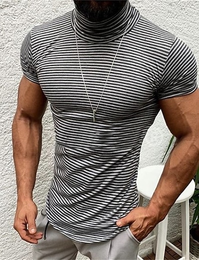cheap Men&#039;s Tops-Men&#039;s Tee T shirt Tee Shirt Striped Turtleneck Casual Daily Short Sleeve Tops Cotton Casual Fashion Muscle Comfortable White Blue Yellow