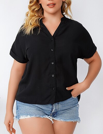 cheap Plus size-Women&#039;s Plus Size Tops Blouse Shirt Plain Short Sleeve Button Basic V Neck Polyster Daily Weekend Fall Summer Black White