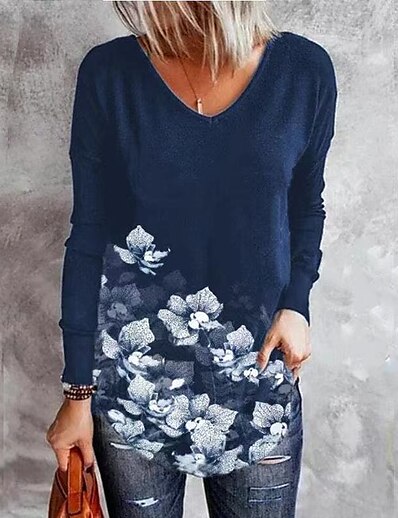 cheap Women&#039;s Tops-Women&#039;s T shirt Floral Theme Painting Floral V Neck Print Basic Tops Blue Purple Wine