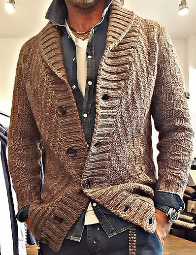 お買い得  メンズファッション-男性用 ニット カーディガン セーターコート ベーシック スタンド 厚手 冬 ブラウン