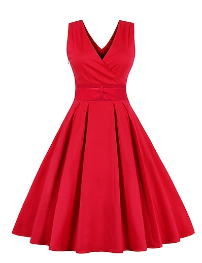 cheap Dresses-Women&#039;s Midi Dress A Line Dress Red Sleeveless Pleated Bow Solid Color V Neck Spring Summer Hot Vintage 2022 S M L XL XXL 3XL / Slim