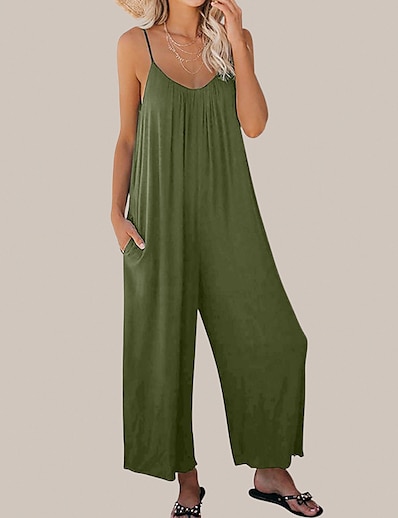 cheap Jumpsuits &amp; Rompers-Women&#039;s Overall Solid Color Basic Round Neck Daily Sleeveless Loose ArmyGreen Black Navy Blue S M L Fall / Wash separately