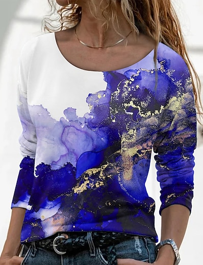 billiga Damöverdelar-Dam T-shirt Abstrakt Målning Grafisk Rund hals Mönster Grundläggande Blast Blå Purpur Grön / 3D-tryck