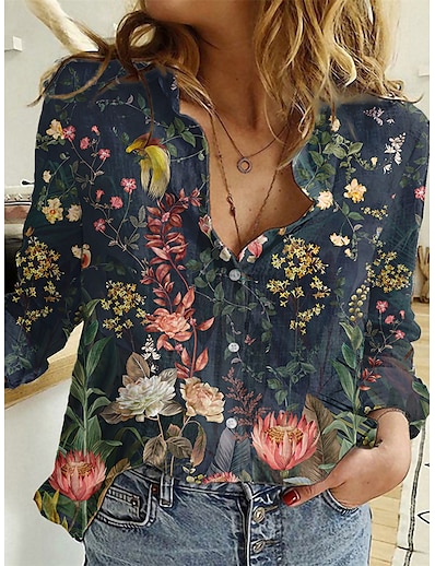 hesapli KADIN-Kadın&#039;s Bluz Gömlek Çiçek Teması Uzun Kollu Çiçekli Grafik Gömlek Yaka Buton Desen Temel Üstler Havuz Doğal Pembe Gri