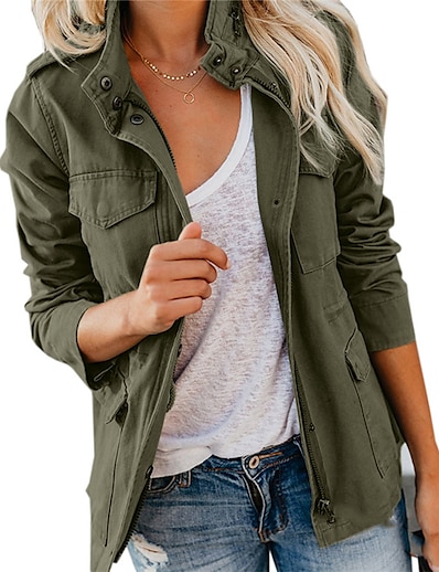 hesapli Kadın Dış Giyim-Kadın&#039;s Ceketler Sonbahar Günlük Normal Ceket Nefes Alabilir Normal Günlük Ceketler Uzun Kollu Kapitone Tek Renk Şarap Ordu Yeşili Siyah / Pamuklu
