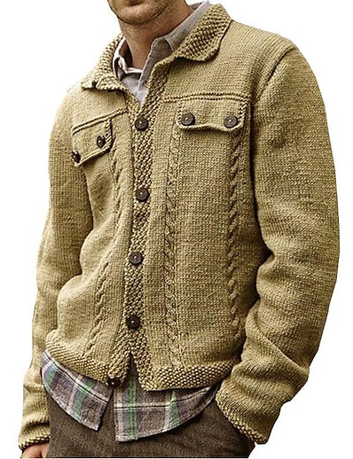 Недорогие Мужская одежда-Муж. Вязаная ткань Кардиган V-образный вырез Толстая Зима Хаки