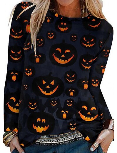 cheap Women&#039;s Tops-Women&#039;s Halloween T shirt Abstract Painting Long Sleeve Graphic Pumpkin Round Neck Print Basic Halloween Tops Regular Fit Black / 3D Print