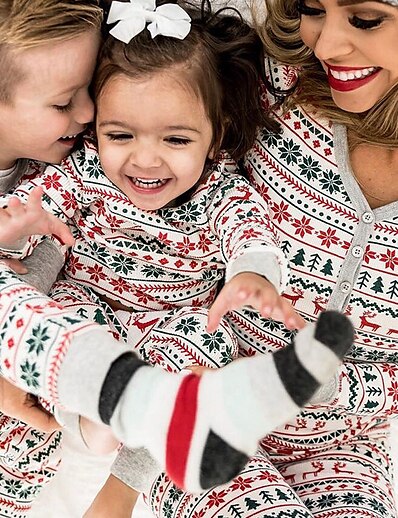 저렴한 Family Matching Outfits-패밀리 룩 폴리에스테르 파자마 캐쥬얼 디어 크리스마스 트리 프린트 화이트 긴 소매 활동적 일치하는 의상 / 가을 / 겨울 / 세탁기 세탁 / 베이직 / 약간의 신축성