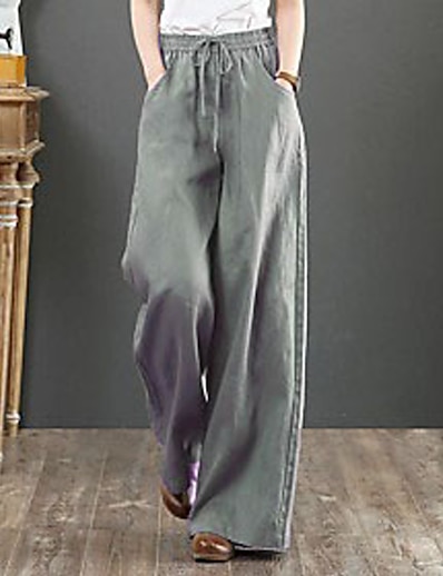 cheap 2022 Trends-Women&#039;s Chinese Style Vintage Culottes Wide Leg Chinos Slacks Full Length Pants Micro-elastic Daily Weekend Cotton Solid Colored Mid Waist Lightweight Loose Green White Gray Orange S M L XL XXL