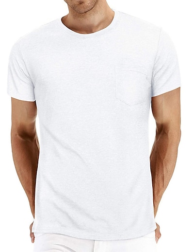 お買い得  メンズファッション-男性用 Tシャツ 純色 ポケット ラウンドネック カジュアル 日常 半袖 パッチワーク トップの シンプル カジュアル ファッション グリーン ホワイト ブラック