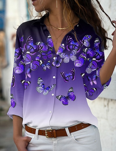 cheap Women&#039;s Tops-Women&#039;s Holiday Blouse Shirt Butterfly Long Sleeve Color Gradient Butterfly Animal Shirt Collar Button Print Casual Streetwear Tops Regular Fit Blue Purple Blushing Pink / 3D Print