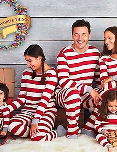 billige Family Matching Outfits-Familie udseende Pyjamas Stribet Trykt mønster Rød Langærmet Aktiv Matchende outfits / Efterår / Vinter / Afslappet