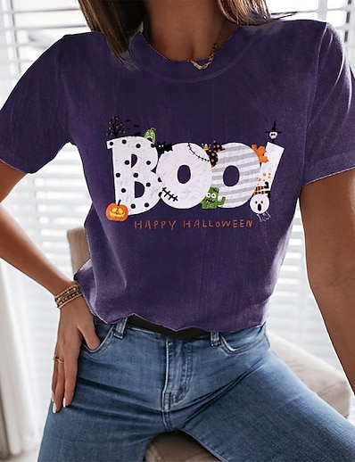 cheap Women&#039;s Tops-Women&#039;s T shirt Abstract Painting Graphic Text Round Neck Print Basic Halloween Tops Purple / 3D Print