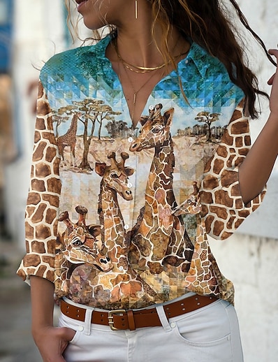 hesapli Kadın Üstleri-Kadın&#039;s Bluz Gömlek Uzun Kollu 3D Zürafa Hayvan Gömlek Yaka Buton Desen Temel Üstler Kahverengi / 3D Baskı