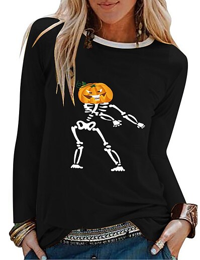 cheap Women&#039;s Tops-Women&#039;s Halloween T shirt Painting Long Sleeve Skull Pumpkin Round Neck Print Basic Halloween Tops Regular Fit Blue Yellow Blushing Pink
